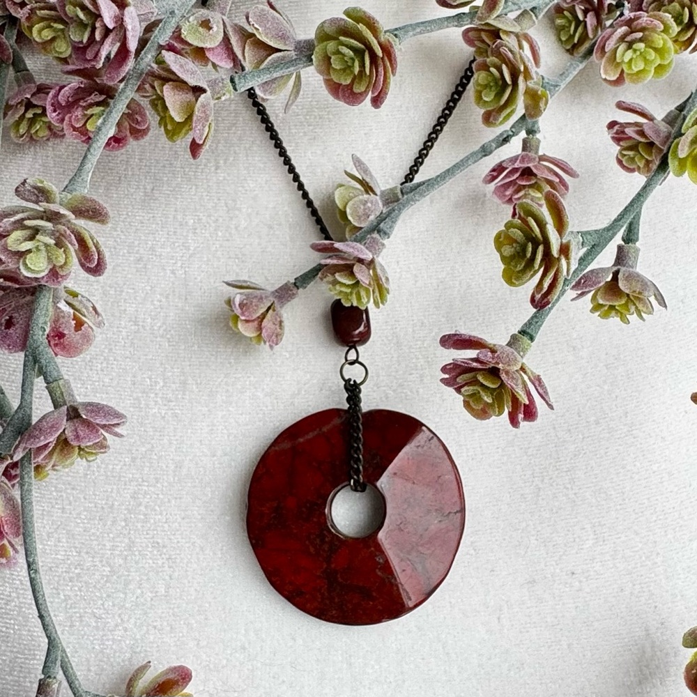Terracotta Rust Stone Donut Pendant Brown Chain Southwest Statement Necklace
